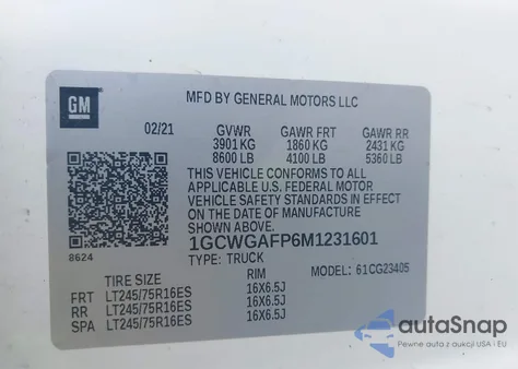 2021 Chevrolet Express Cargo Rwd 2500 Regular Wheelbase Wt from USA, damaged, VIN 1GCWGAFP6M1231601